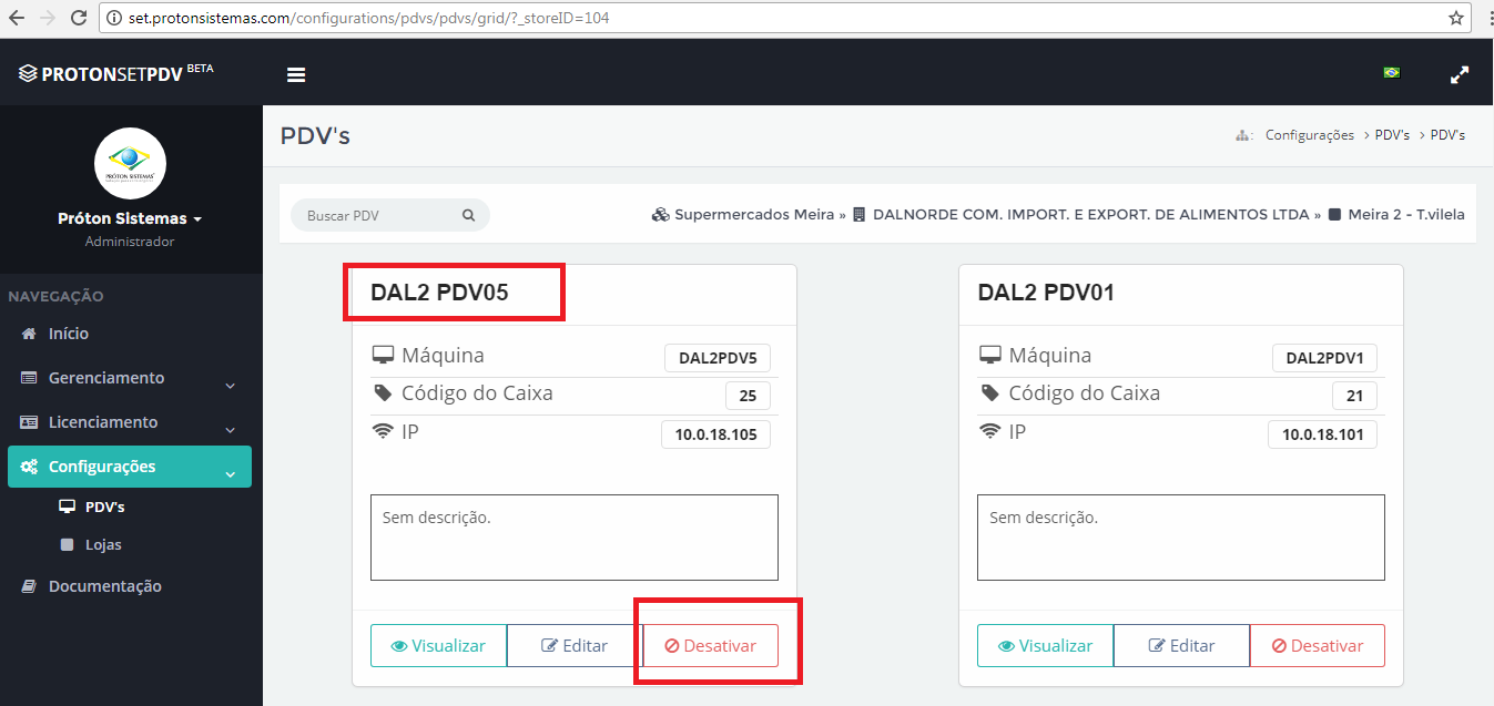 Desativação ou Remoção de PDV