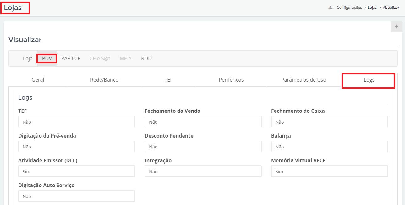 Aba de Configurações dos Logs da Loja