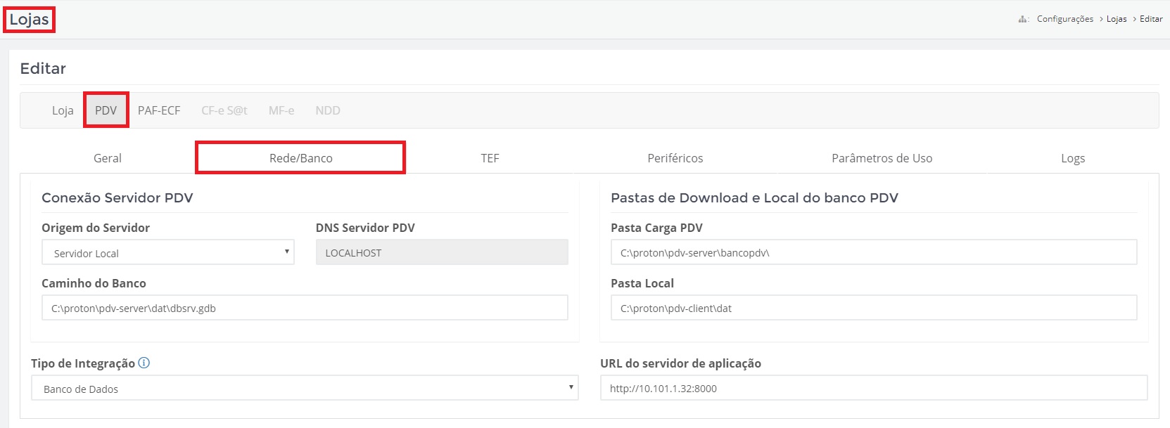 Aba de Configurações Rede/Banco