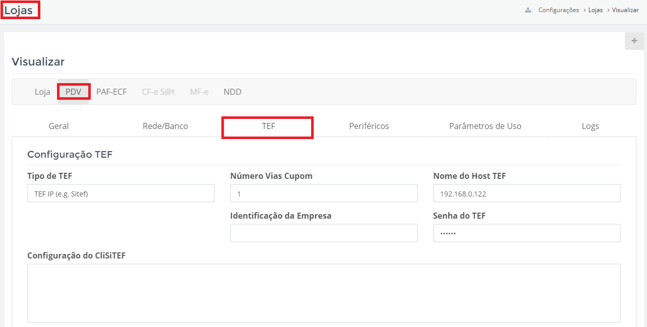 Aba de Configurações do TEF