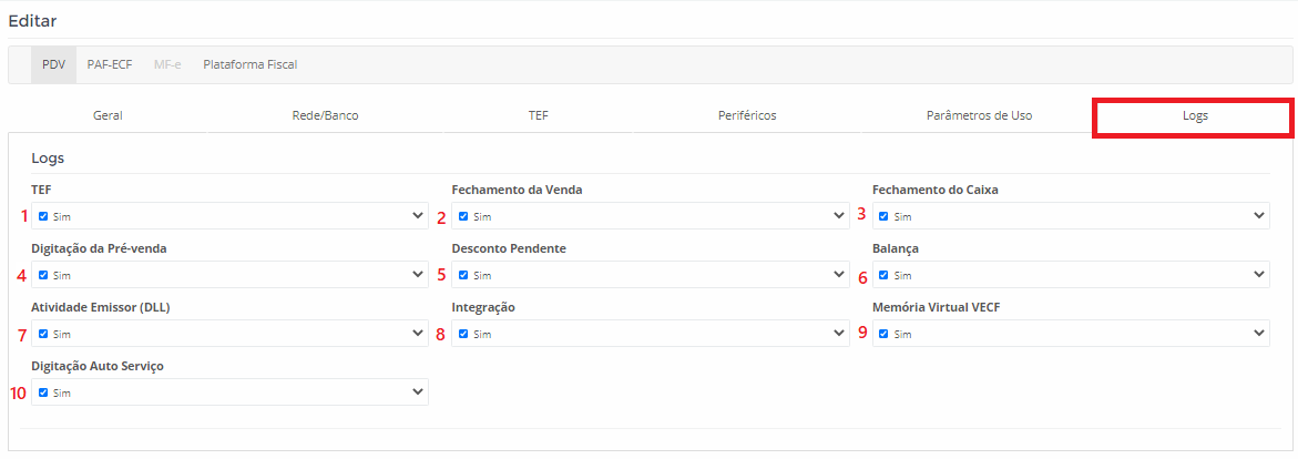 Visualização da Aba de Configurações dos Logs do PDV