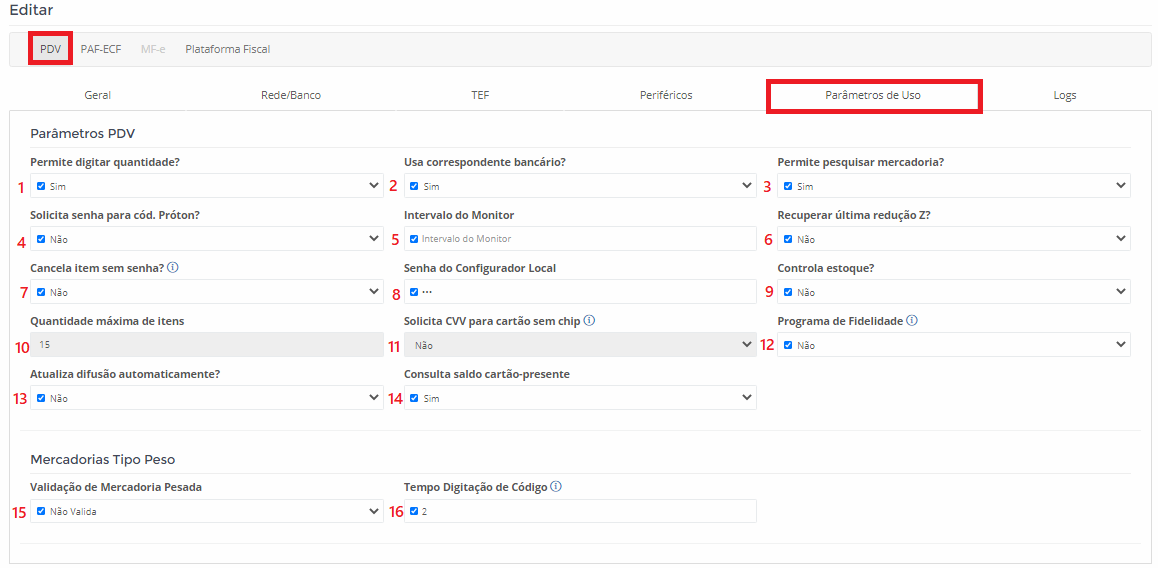 Visualização da Aba de Configurações dos Parâmetros do PDV