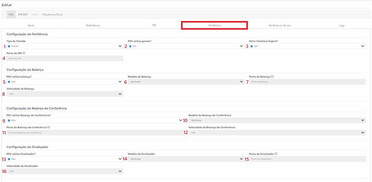 Visualização da Aba de Configurações dos Equipamentos Periféricos