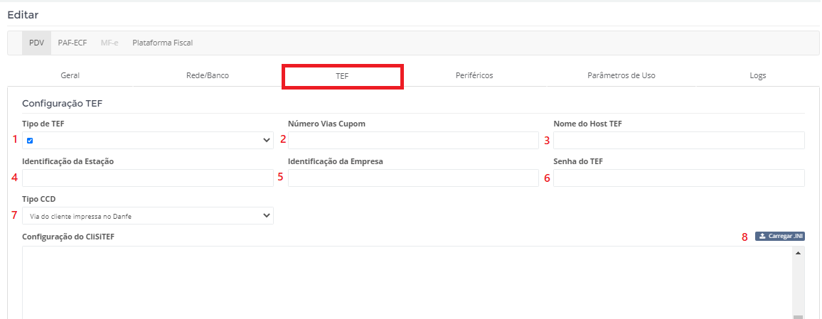 Visualização da Aba de Configurações do TEF