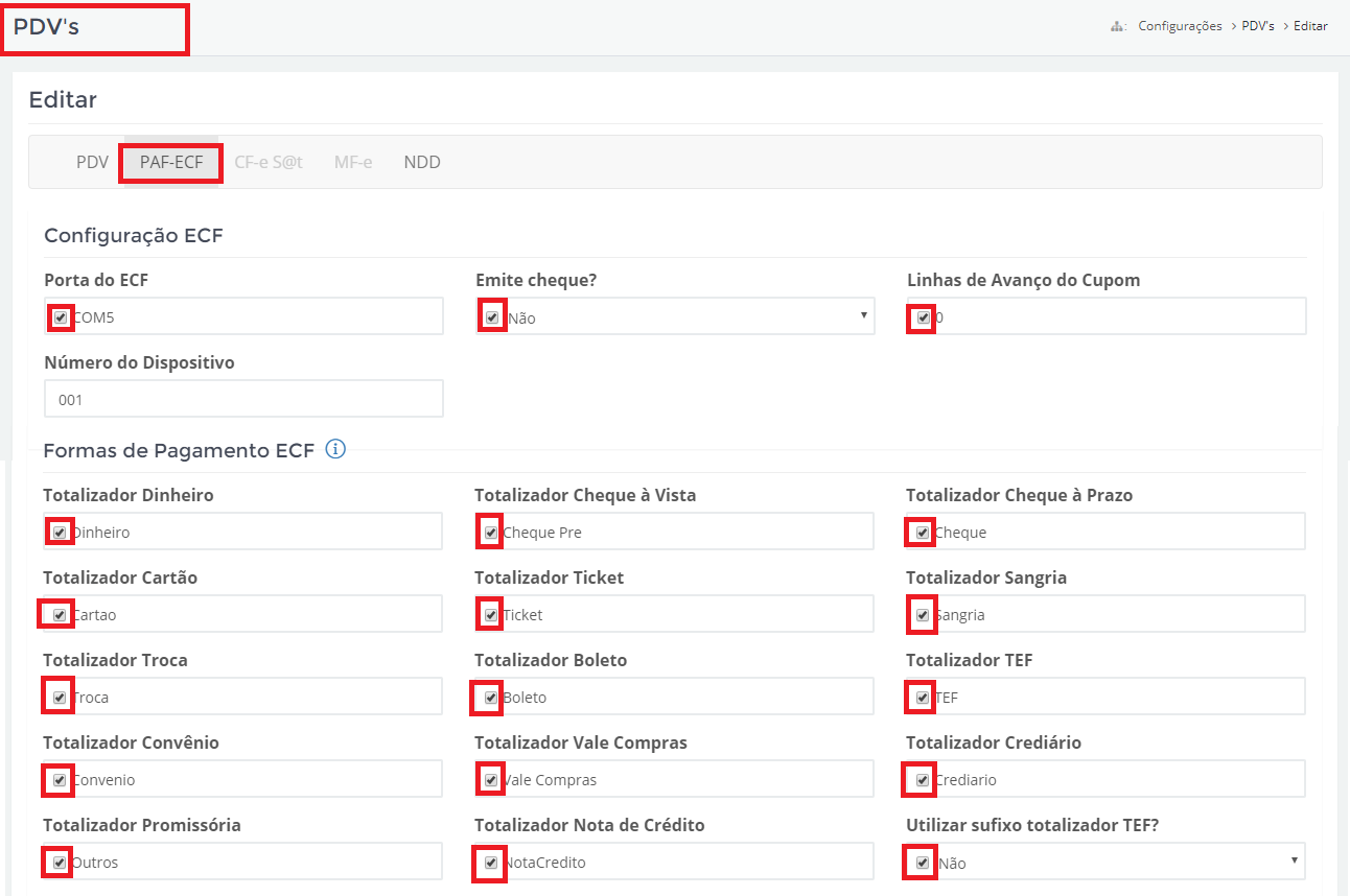 Visualização da Aba de Configurações de ECF