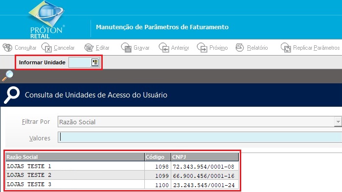 Parâmetros do Faturamento