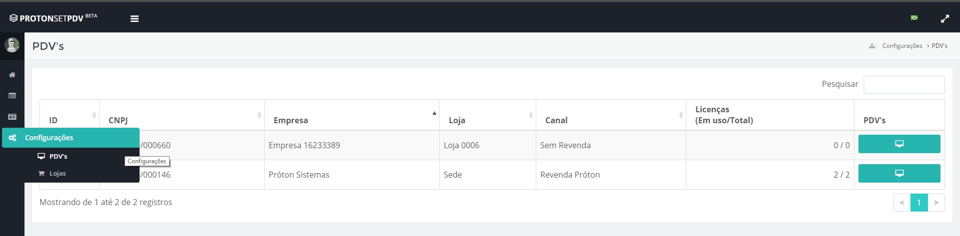 Opção de Configuração dos PDV's